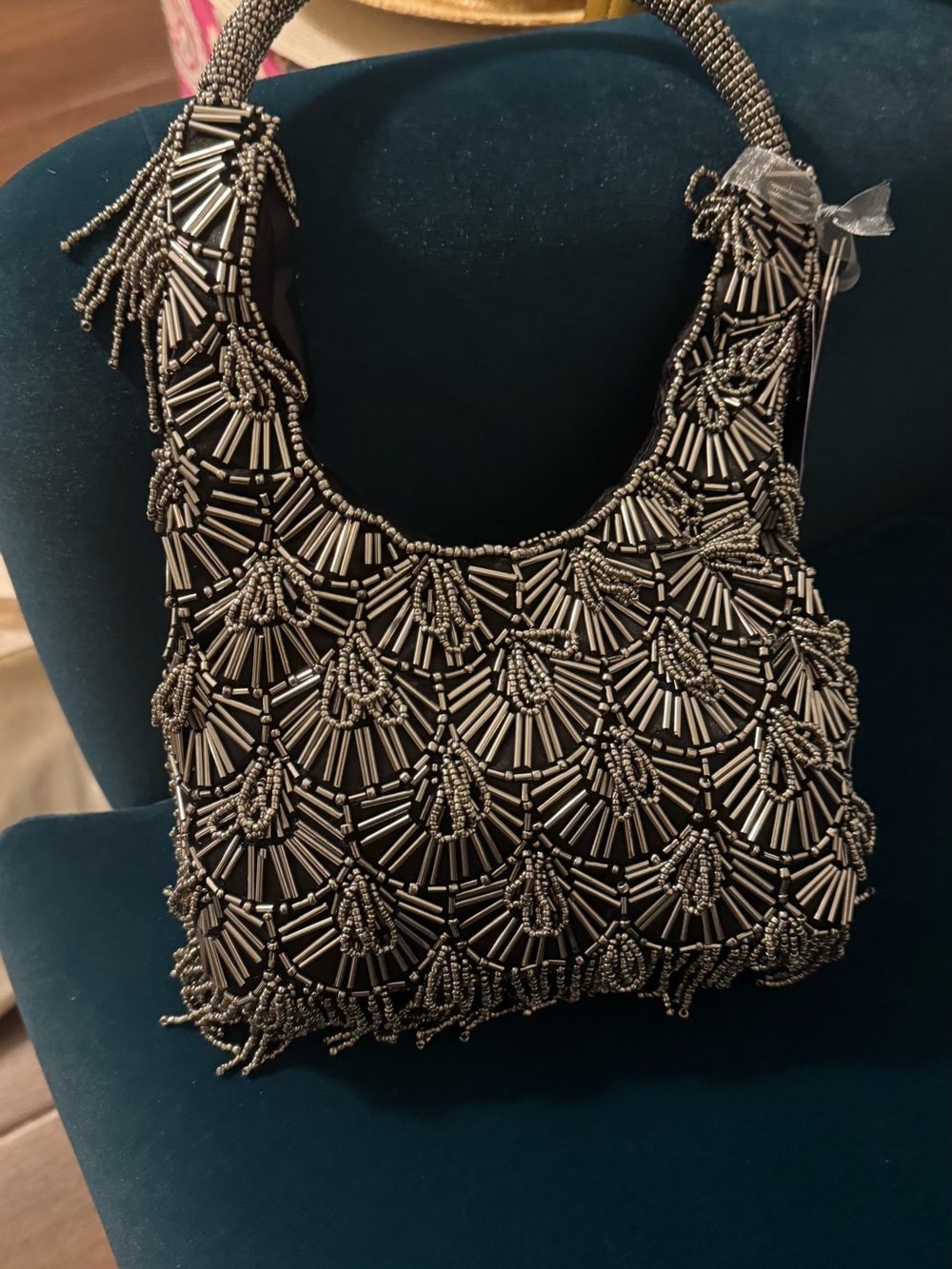 Beaded Black Evening Shoulder Bag with Silver Accents
